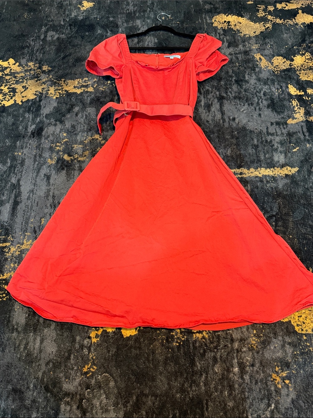 ANTONIO MELANI Bright Red Midi Dress with Puff Sleeves and Self Belt